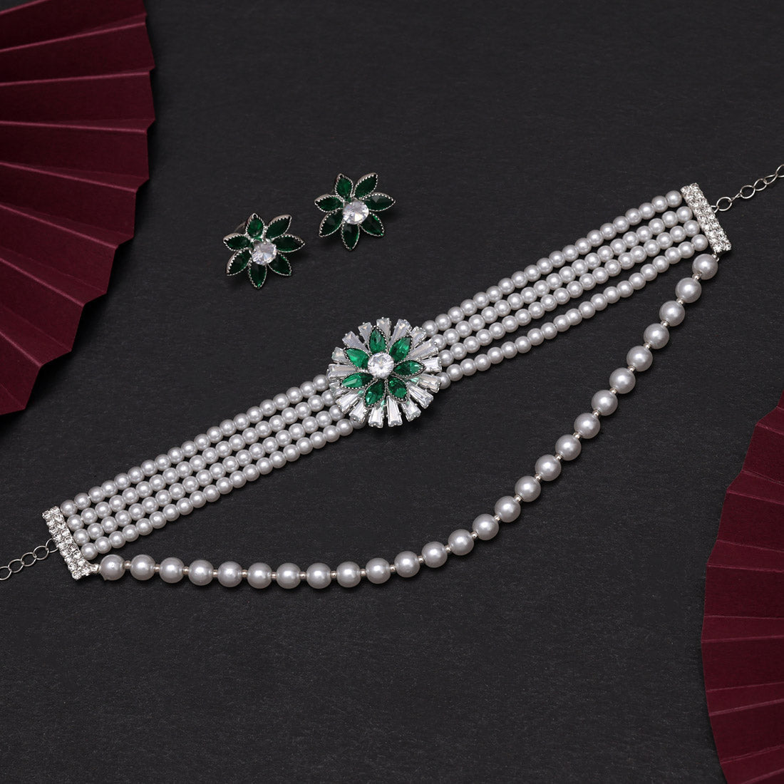 Green Color Choker Stone Necklace Set Jewellery GetGlit