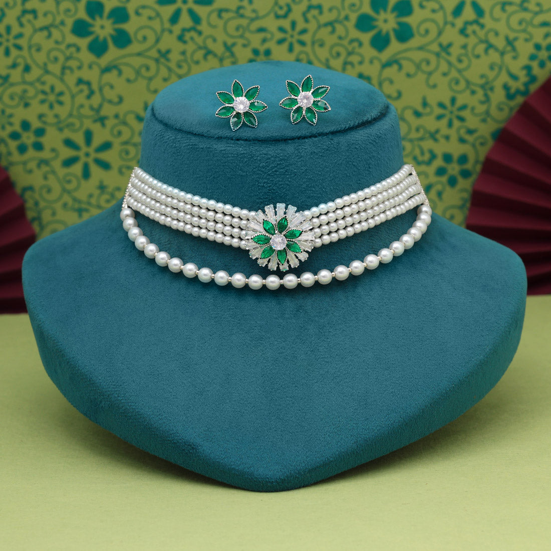 Green Color Choker Stone Necklace Set Jewellery GetGlit