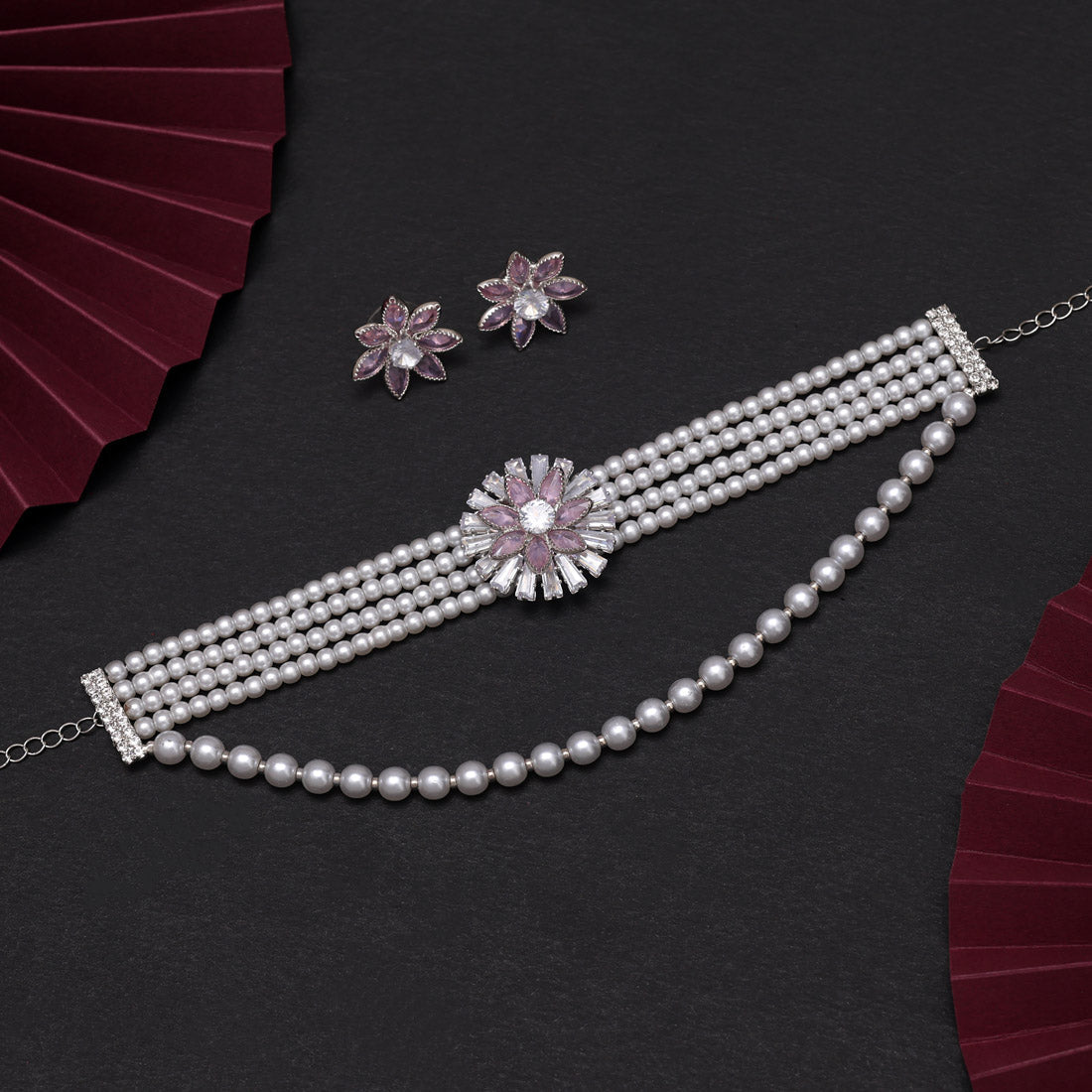 Pink Color Choker Stone Necklace Set Jewellery GetGlit