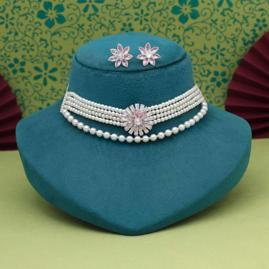 Pink Color Choker Stone Necklace Set Jewellery GetGlit