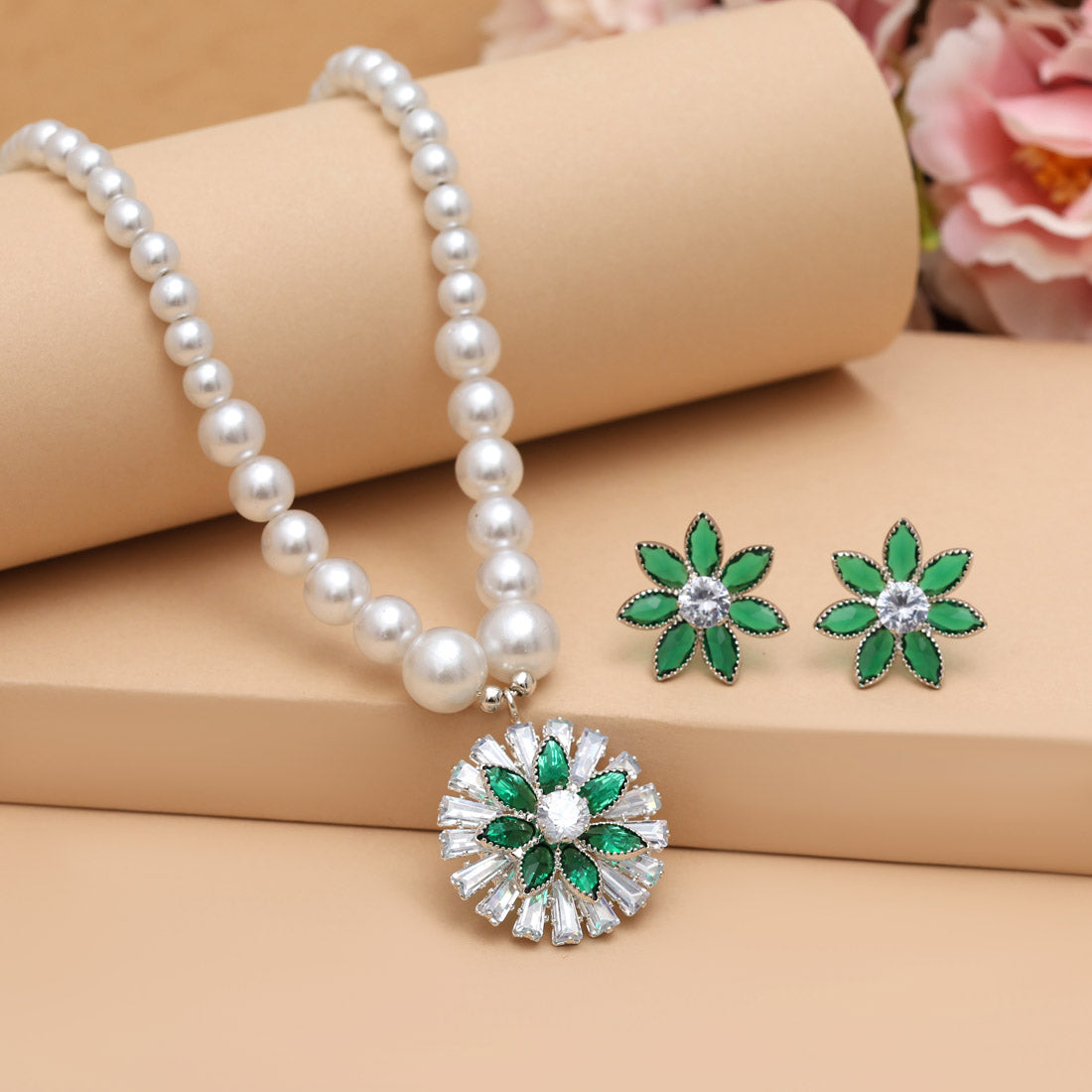 Green Color Stone Necklace Set Jewellery GetGlit