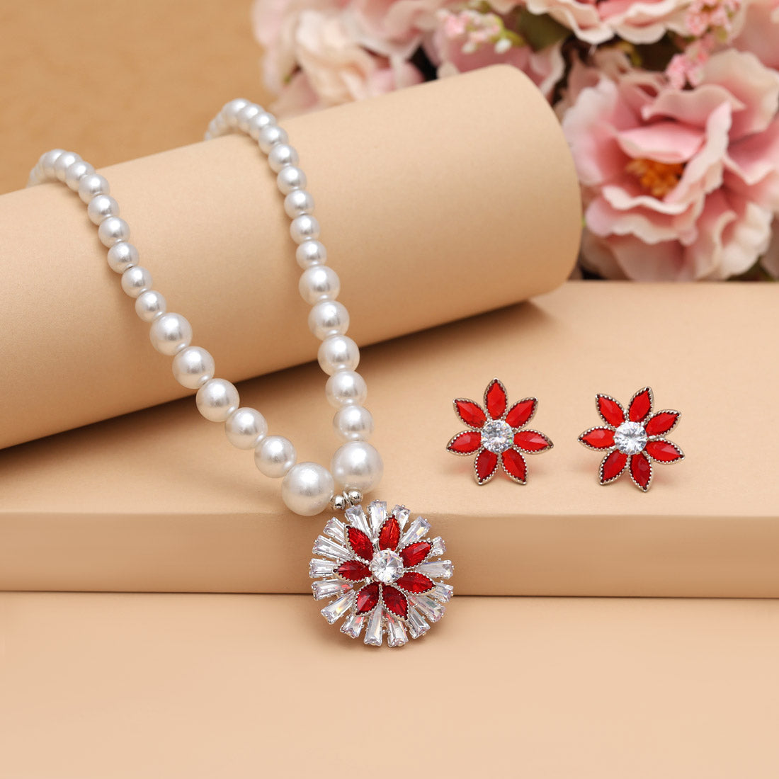 Red Color Stone Necklace Set (STN222RED) Jewellery GetGlit