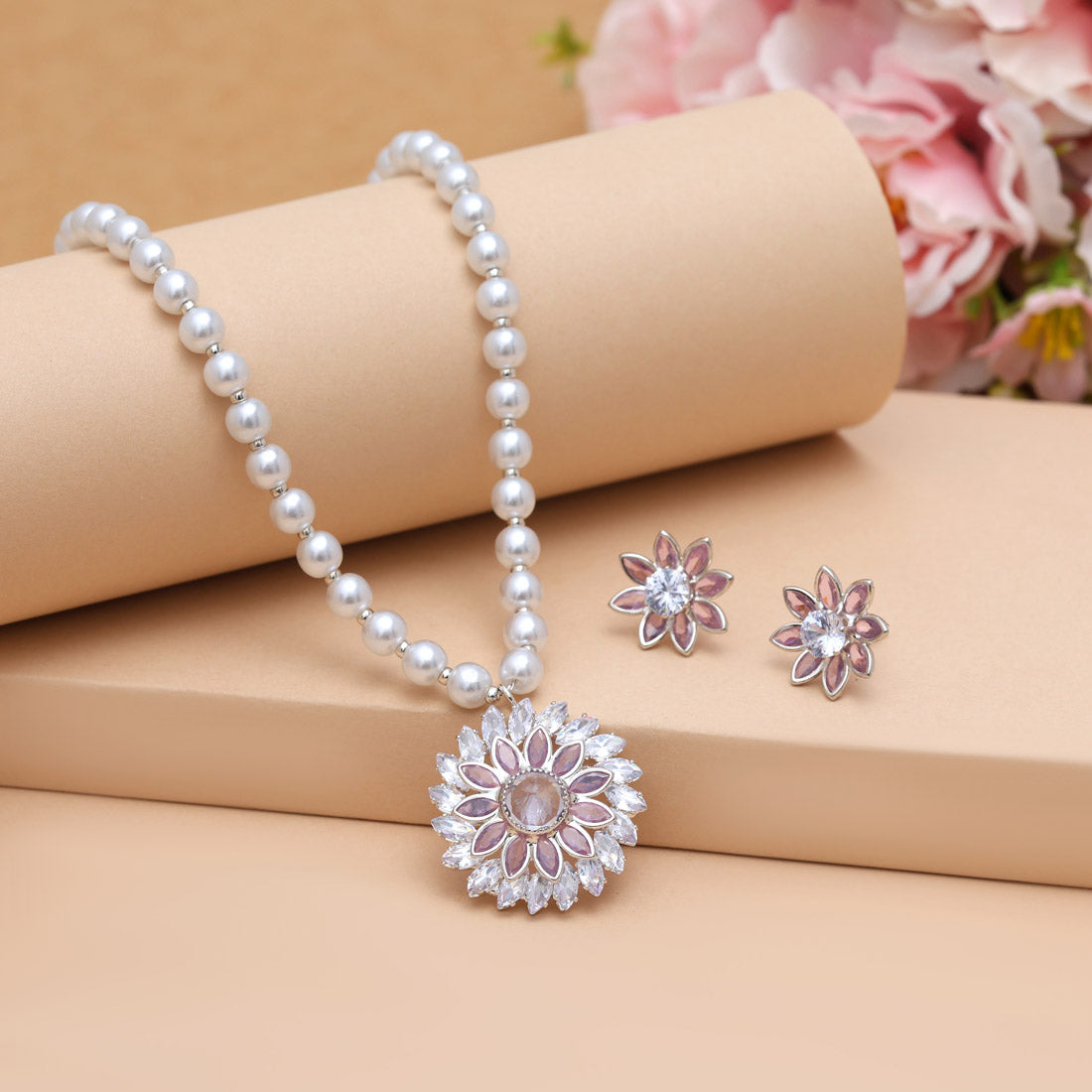 Pink Color Stone Necklace Set Jewellery GetGlit