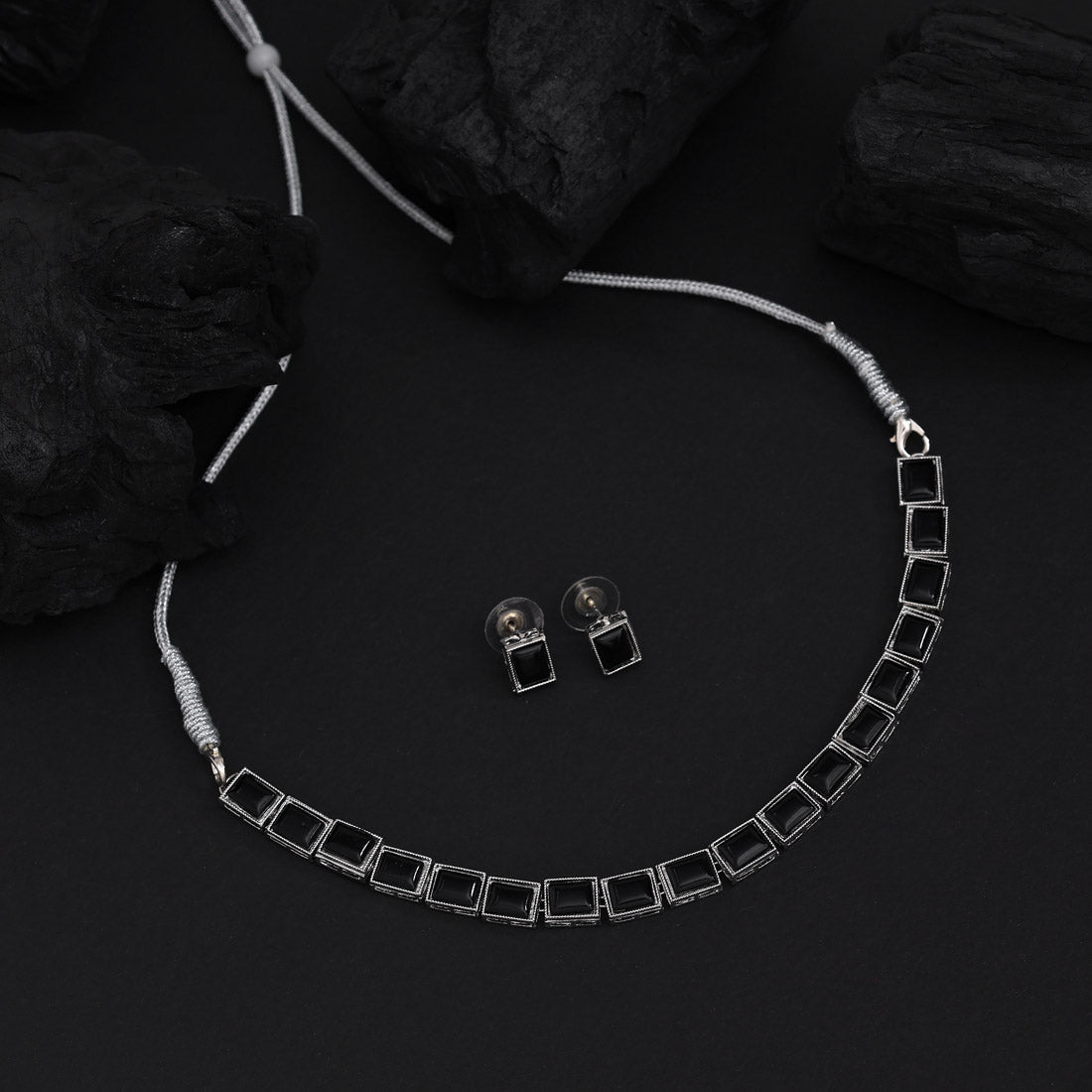 Black Color Stone Necklace Set (STN225BLK) Jewellery GetGlit