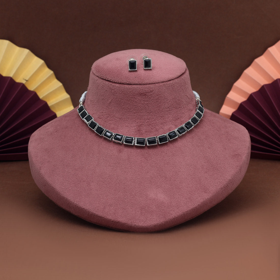 Black Color Stone Necklace Set (STN225BLK) Jewellery GetGlit