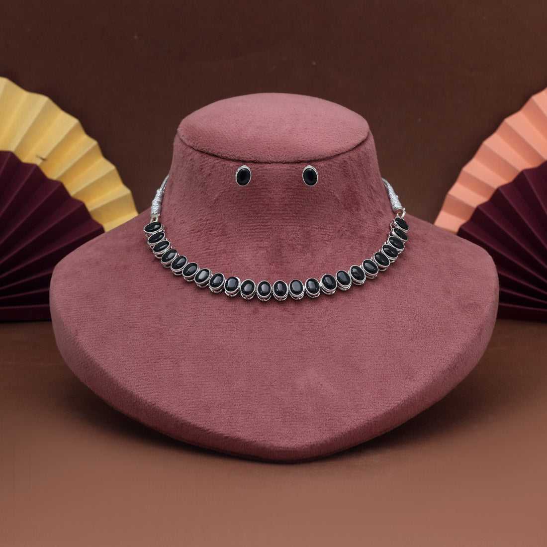 Black Color Stone Necklace Set (STN226BLK) Jewellery GetGlit