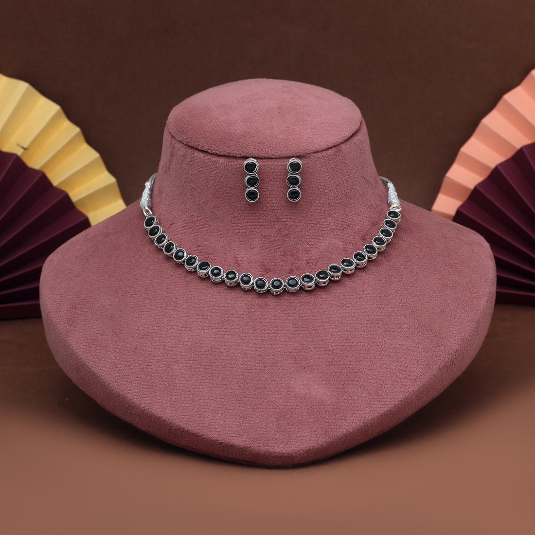 Black Color Stone Necklace Set (STN227BLK) Jewellery GetGlit