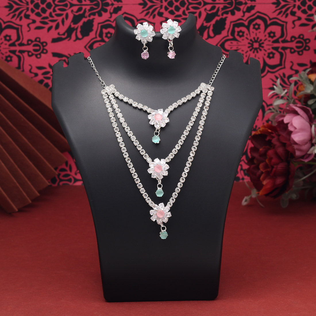 Pink & Pista Green Color Stone Necklace Set Jewellery GetGlit