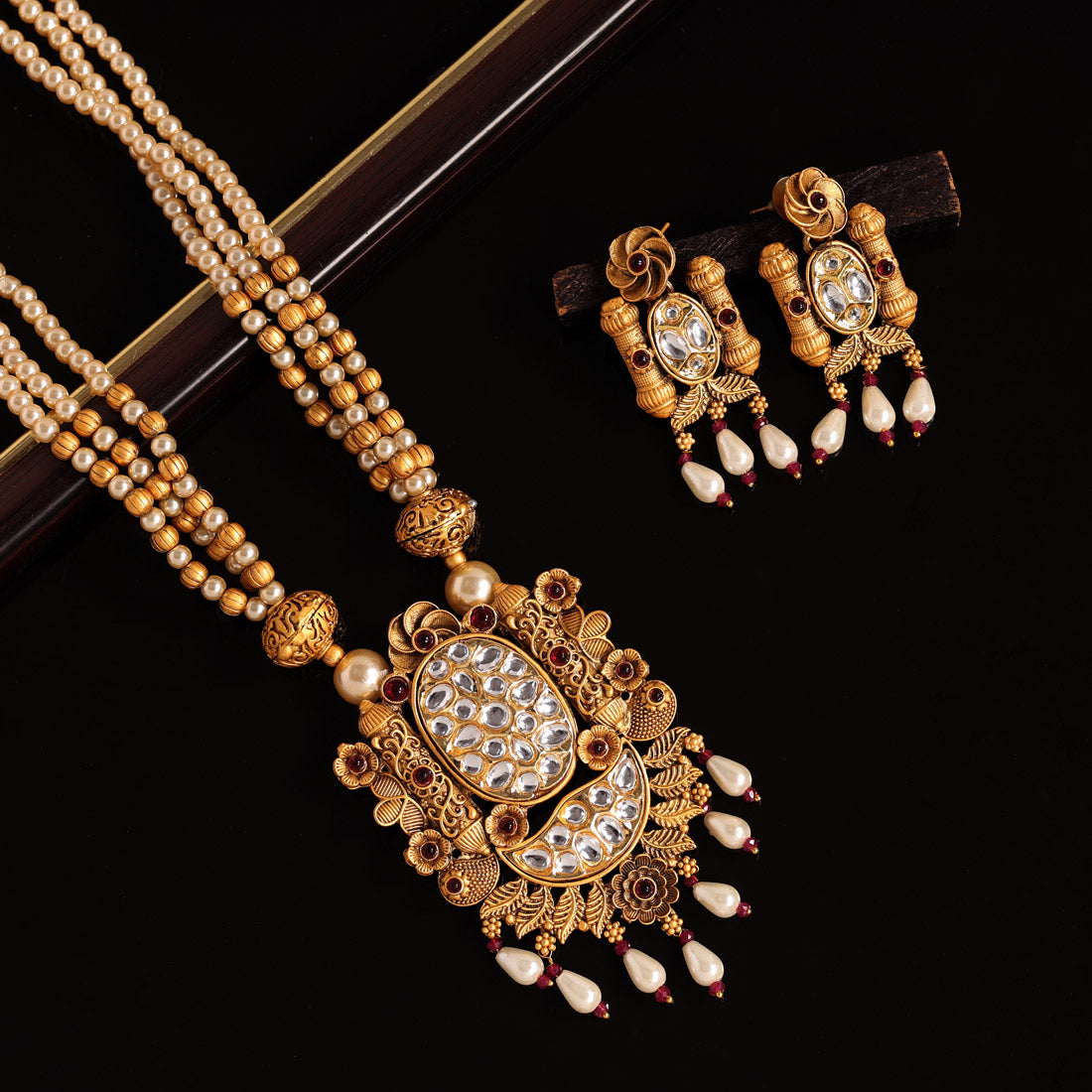 Rani Color Long Matte Gold Rajwadi Temple Necklace Set (TPLN476RNI) Jewellery GetGlit