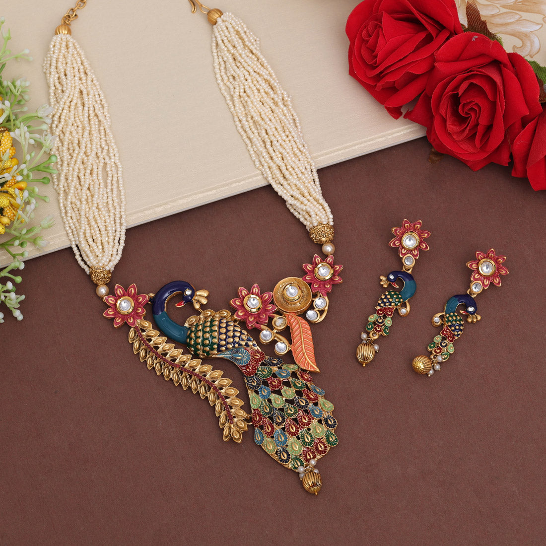 Multi Color Peacock Inspired Meenakari Rajwadi Matte Gold Necklace Set Jewellery GetGlit