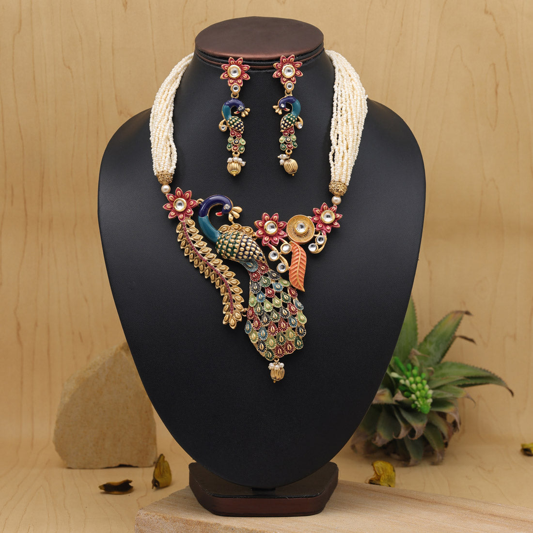 Multi Color Peacock Inspired Meenakari Rajwadi Matte Gold Necklace Set Jewellery GetGlit