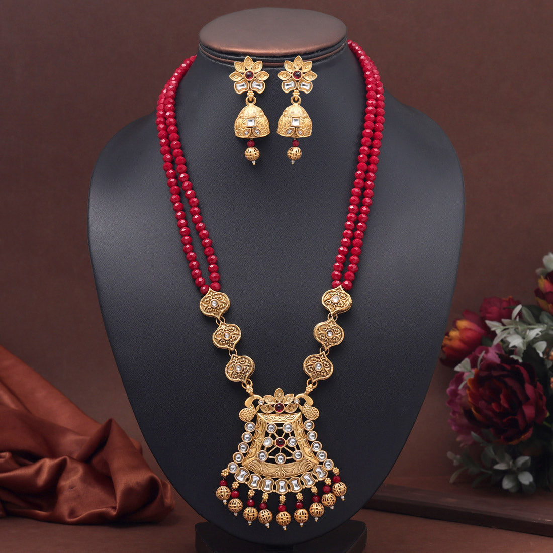 Maroon Color Rajwadi Matte Gold Necklace Set (TPLN638MRN) Jewellery GetGlit