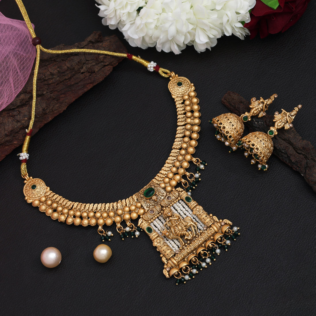 Green Color Lord Krishna Matte Gold Rajwadi Temple Necklace Set (TPLN664GRN) Jewellery GetGlit