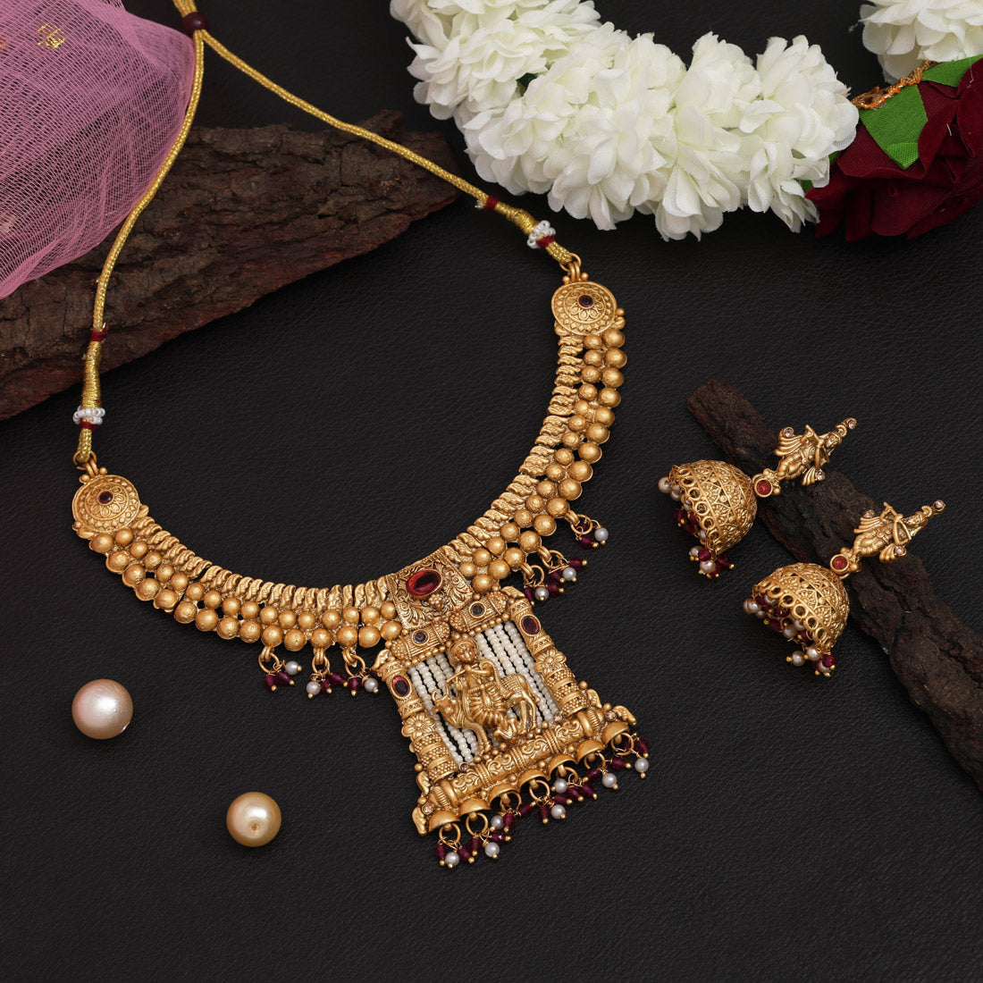 Rani Color Lord Krishna Matte Gold Rajwadi Temple Necklace Set (TPLN664RNI) Jewellery GetGlit