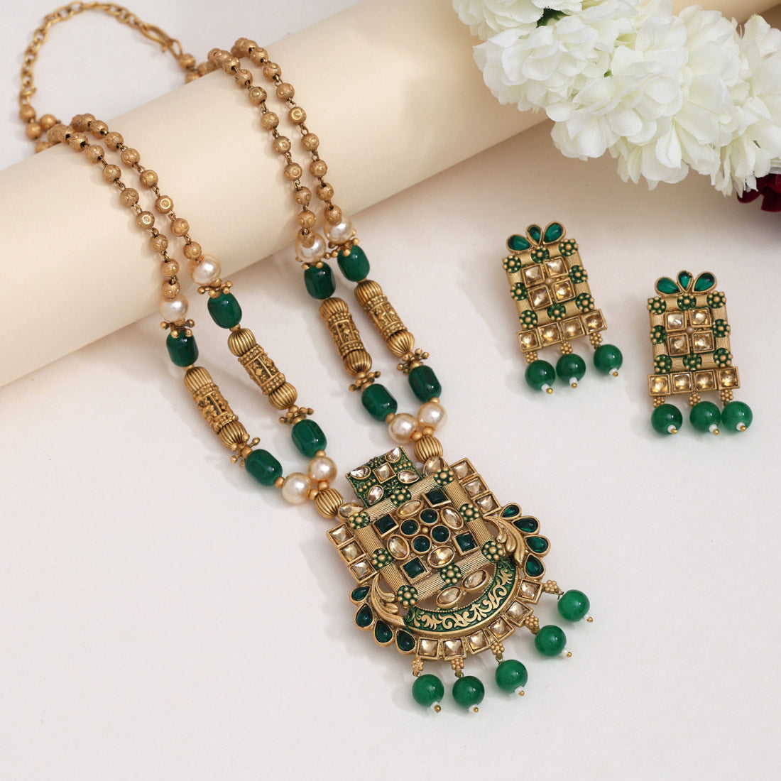 Green Color Matte Gold Rajwadi Temple Necklace Set (TPLN666GRN) Jewellery GetGlit