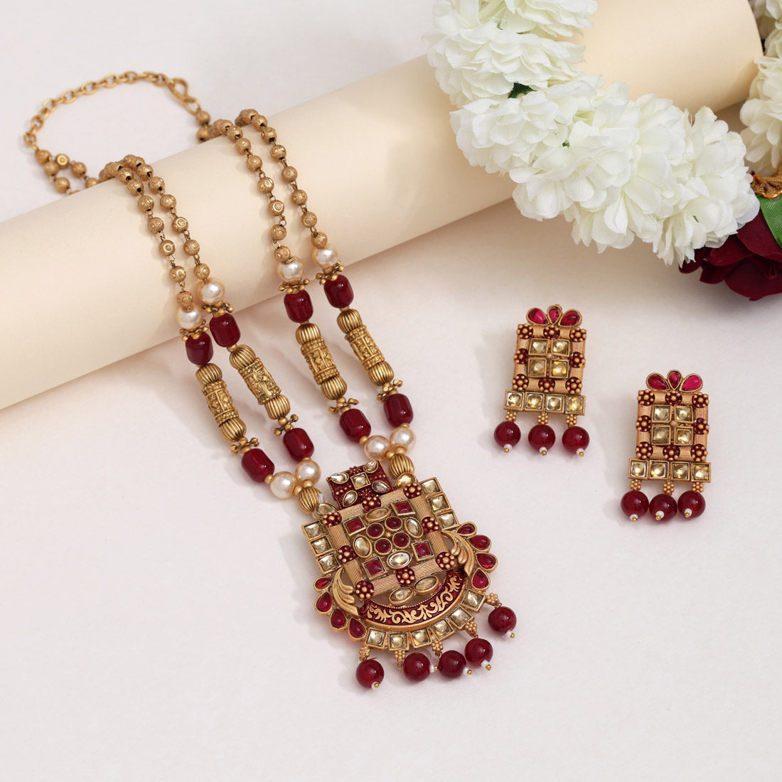 Maroon Color Matte Gold Rajwadi Temple Necklace Set (TPLN666MRN) Jewellery GetGlit