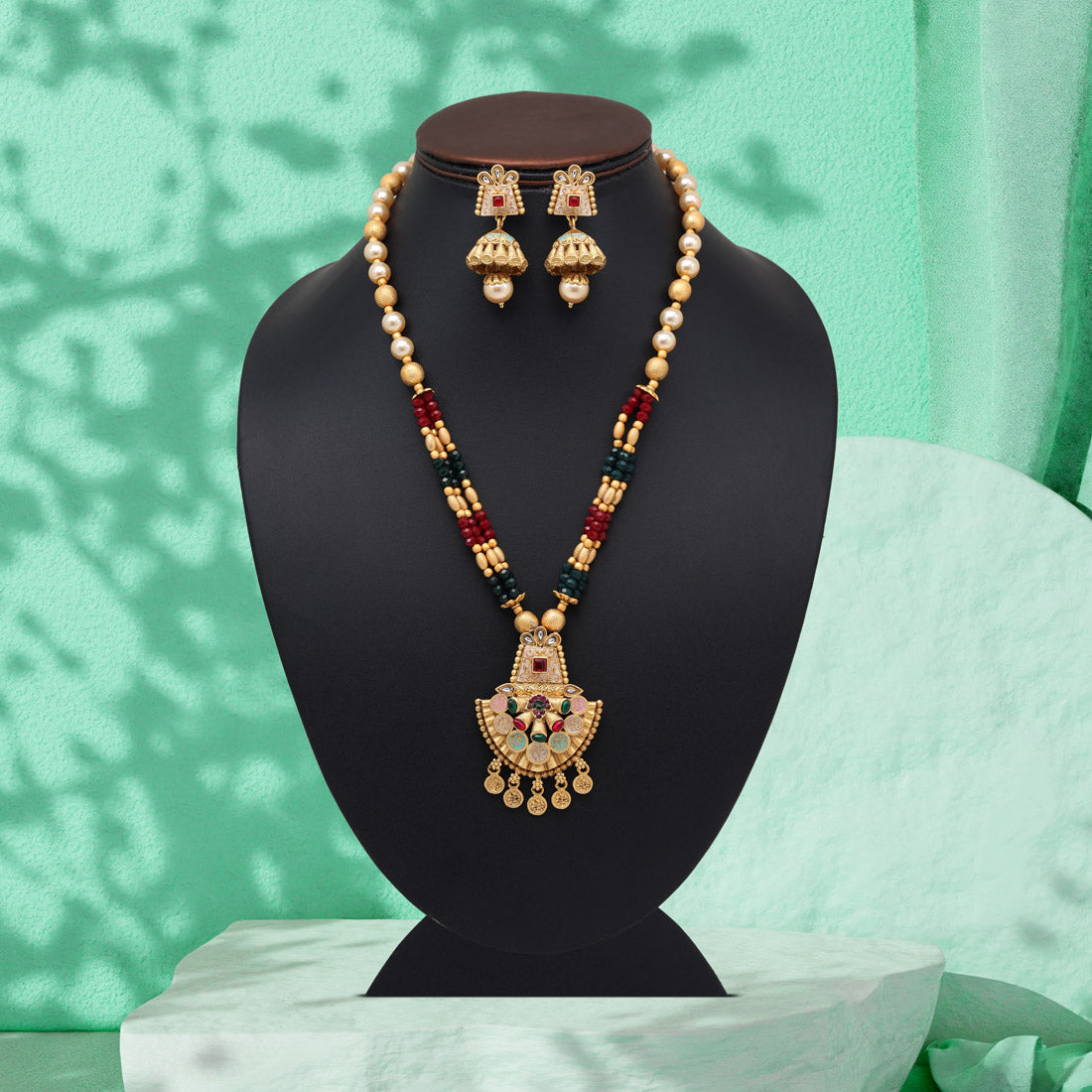 Maroon & Green Color Meena Work Matte Gold Rajwadi Temple Necklace Set (TPLN675MG) Jewellery GetGlit
