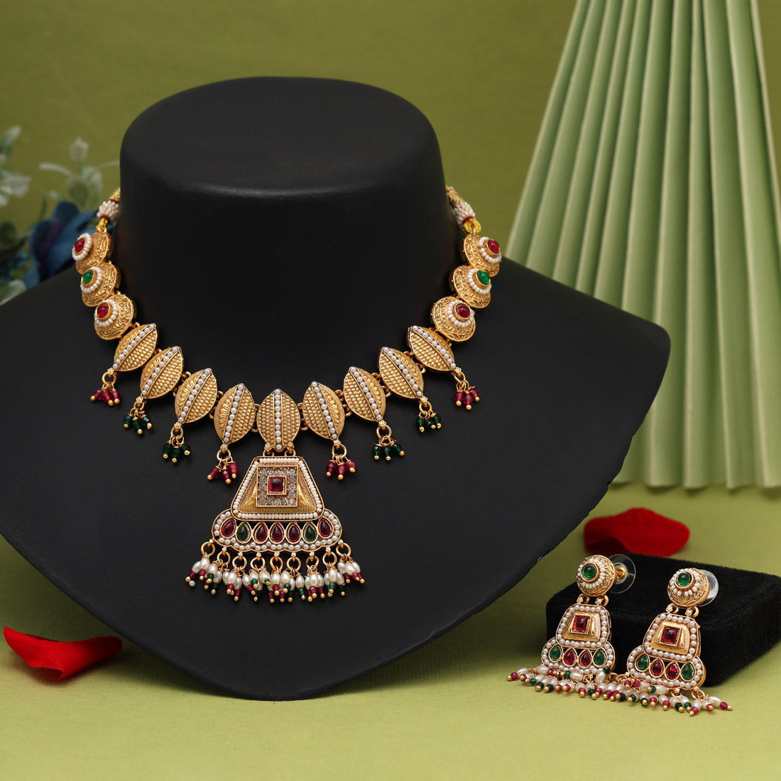 Rani & Green Color Matte Gold Rajwadi Temple Necklace Set Jewellery GlitStudio