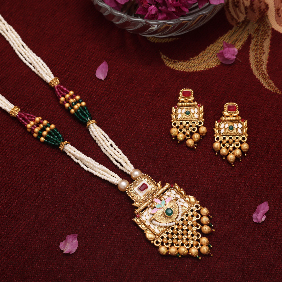 Rani & Green Color Meena Work Matte Gold Rajwadi Temple Necklace Set (TPLN692RNIGRN) Jewellery GetGlit