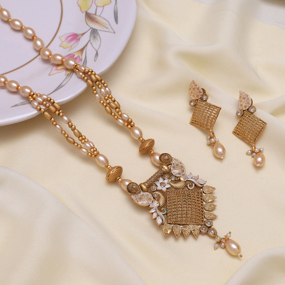 Gold Color Meena Work Matte Gold Rajwadi Temple Necklace Set (TPLN693GLD) Jewellery GetGlit