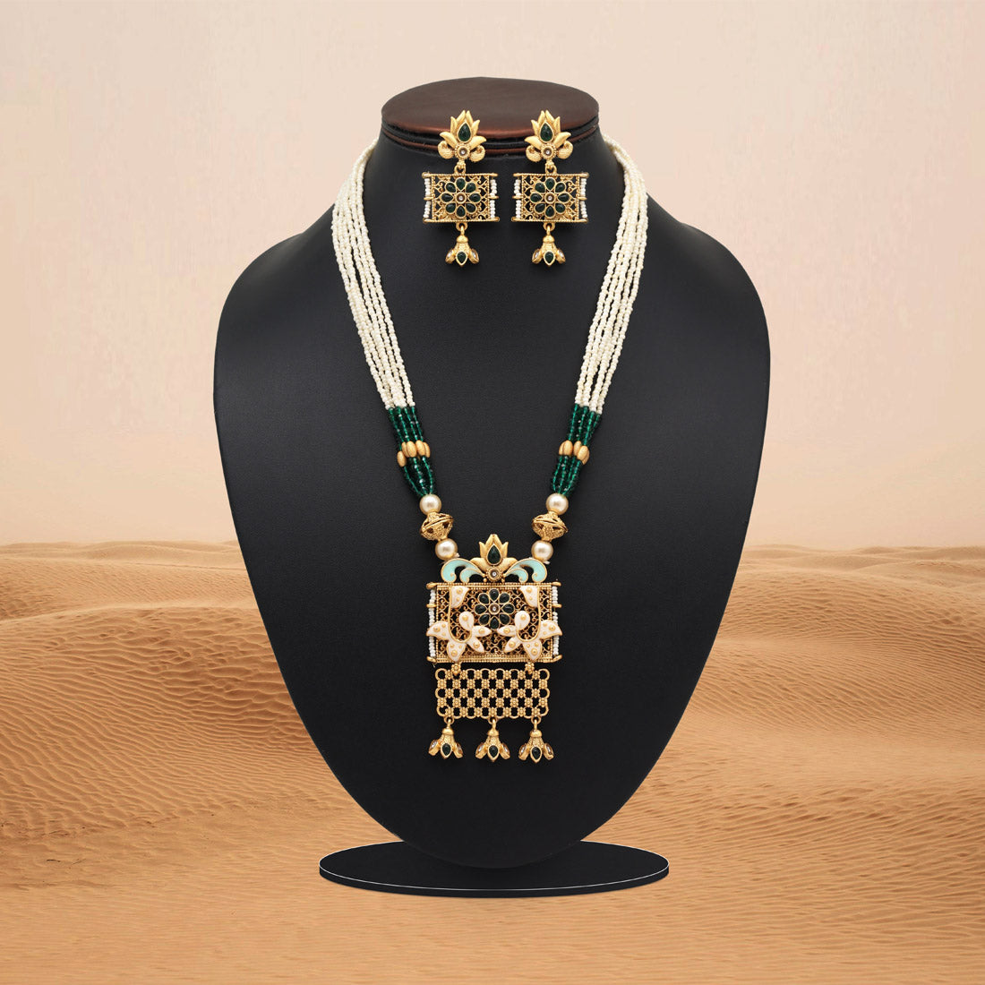 Green Color Meena Work Matte Gold Rajwadi Temple Necklace Set (TPLN699GRN) Jewellery GetGlit