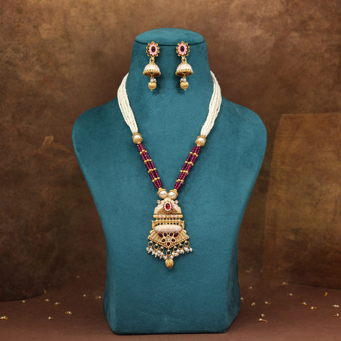 Rani Color Meena Work Matte Gold Rajwadi Temple Necklace Set (TPLN703RNI) Jewellery GetGlit
