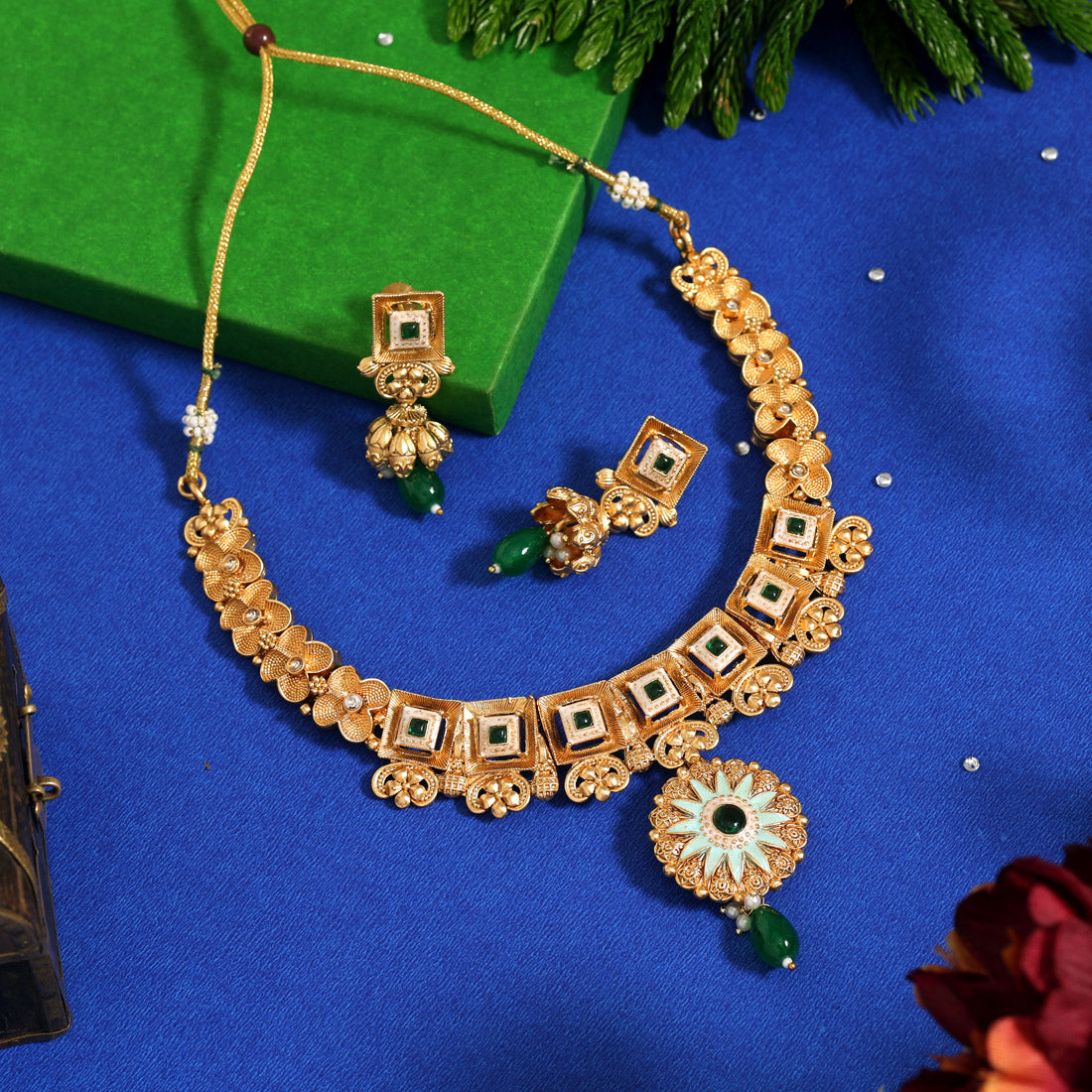 Green Color Meena Work Matte Gold Rajwadi Temple Necklace Set Jewellery GetGlit