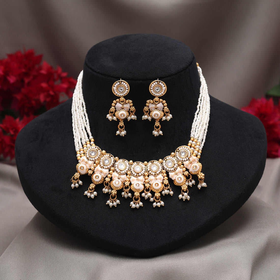 White Color Meena Work Matte Gold Rajwadi Temple Necklace Set Jewellery GetGlit