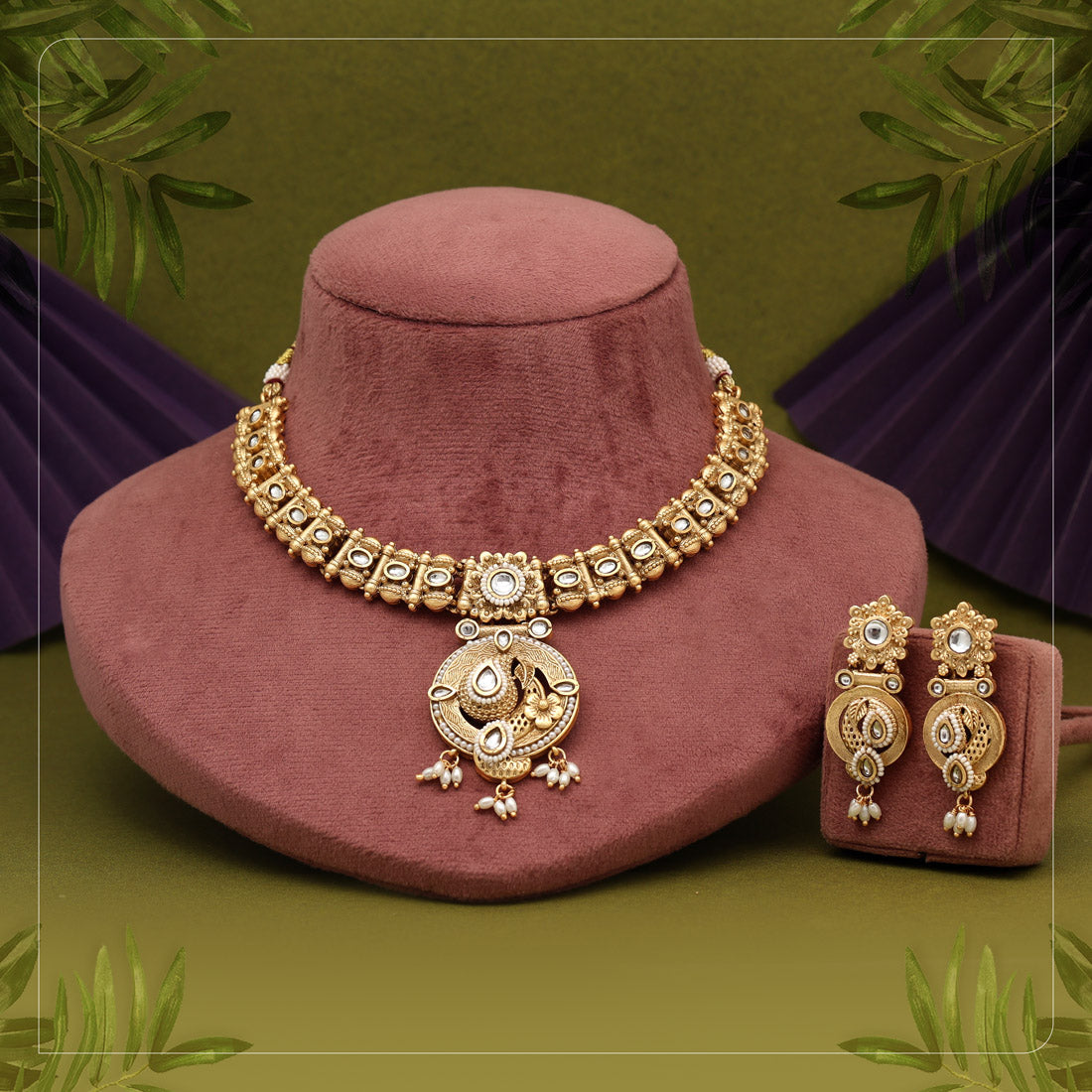 Gold Color Matte Gold Rajwadi Temple Necklace Set Jewellery GetGlit