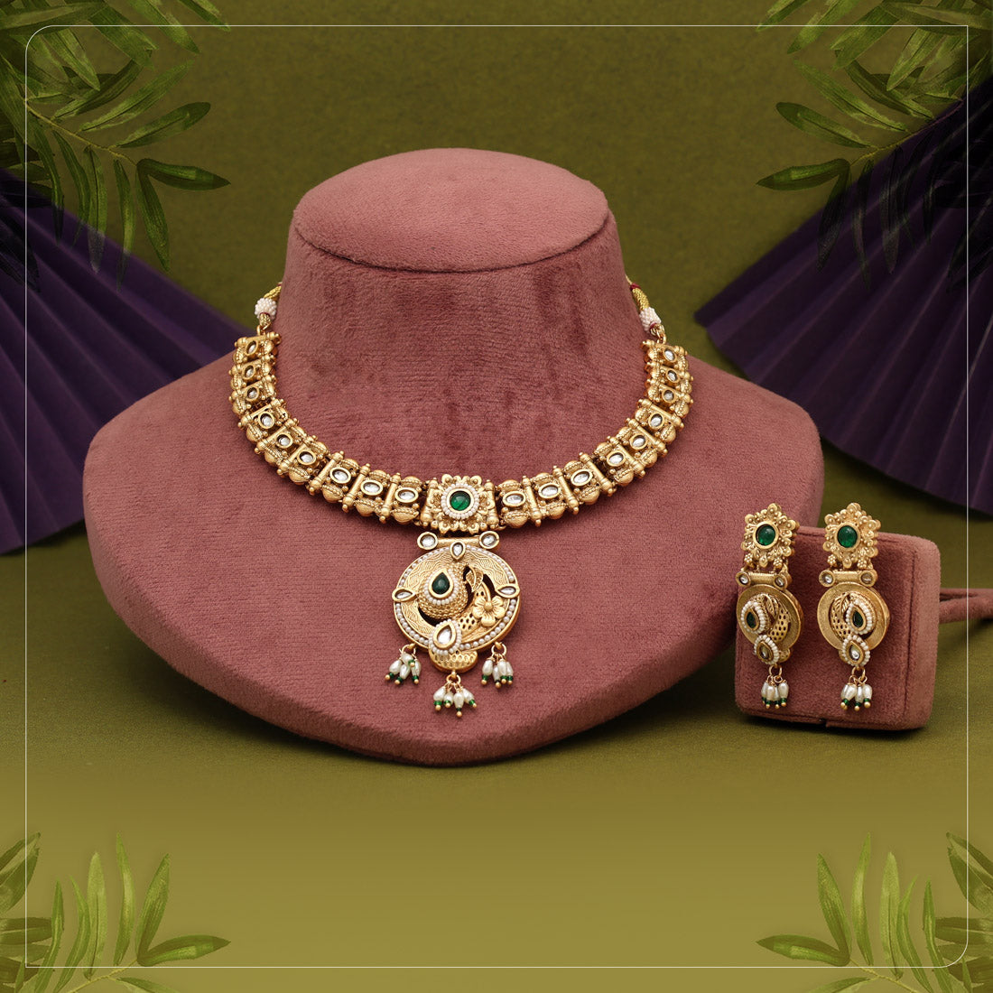Green Color Matte Gold Rajwadi Temple Necklace Set Jewellery GetGlit