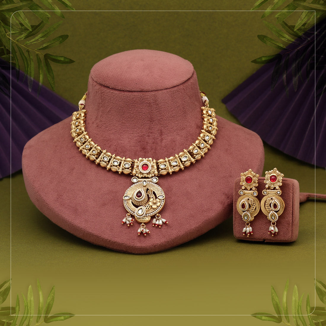Rani Color Matte Gold Rajwadi Temple Necklace Set Jewellery GetGlit