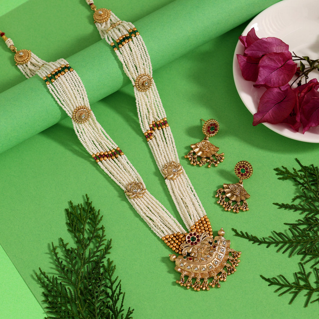 Rani & Green Color Long Matte Gold Rajwadi Temple Necklace Set Jewellery GetGlit