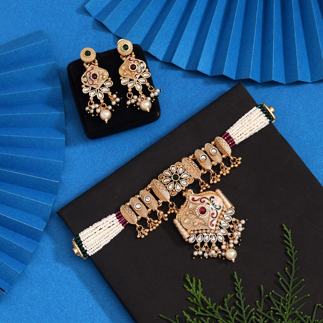 Rani & Green Color Meena Work Choker Matte Gold Rajwadi Temple Necklace Set Jewellery GetGlit