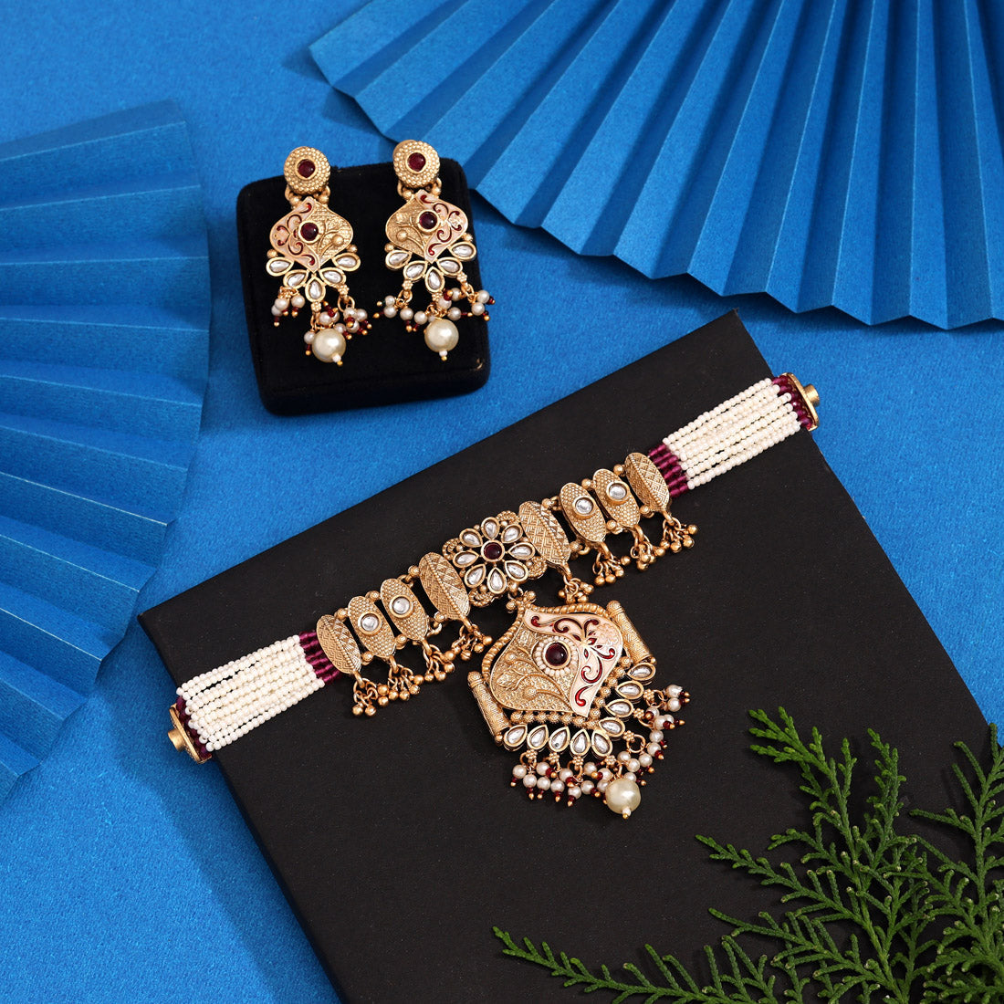 Rani Color Meena Work Choker Matte Gold Rajwadi Temple Necklace Set Jewellery GetGlit