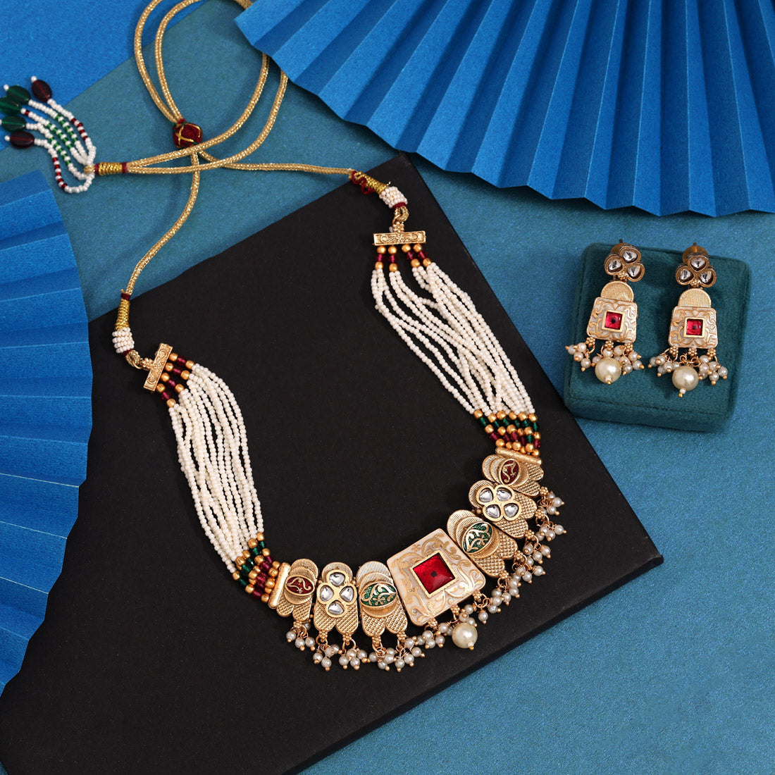 Rani & Green Color Meena Work Matte Gold Rajwadi Temple Necklace Set Jewellery GetGlit