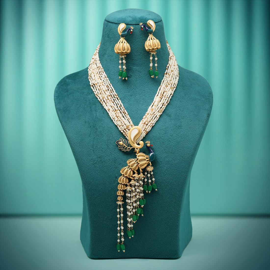 Green Color Peacock Inspired Matte Gold Rajwadi Temple Necklace Set Jewellery GetGlit