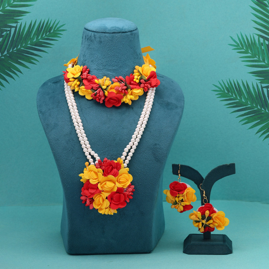 Red & Yellow Color Synthetic Rose Floral Bridal Set (TRN1778REDYLW) Jewellery GetGlit