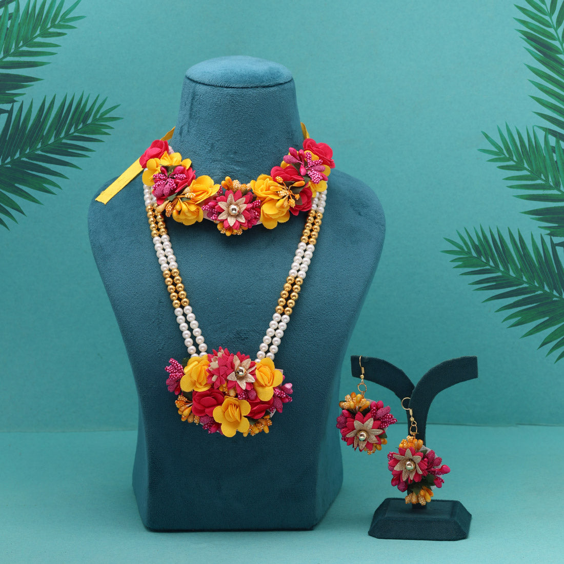 Rani & Yellow Color Synthetic Rose Floral Bridal Set (TRN1779RNIYLW) Jewellery GetGlit
