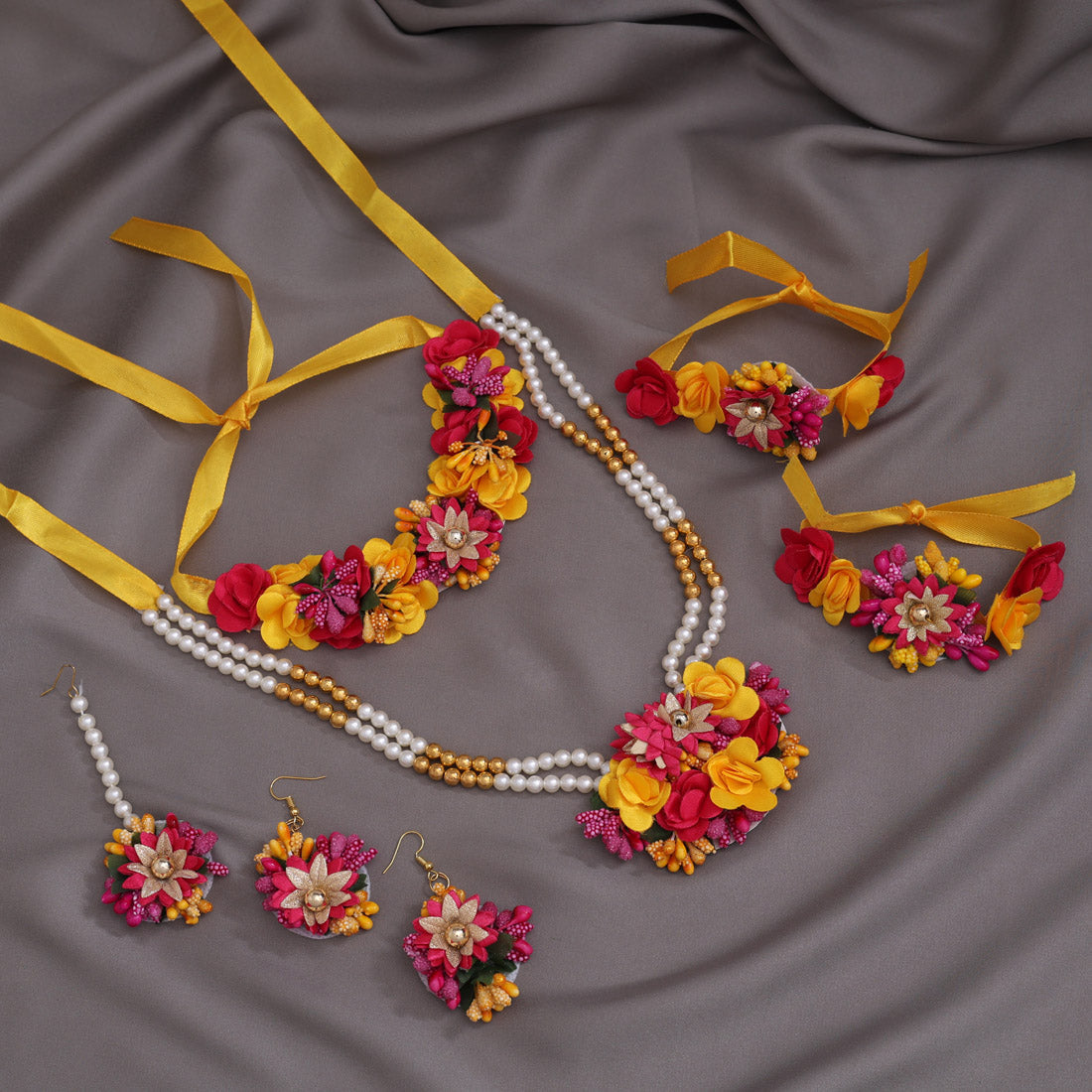 Rani & Yellow Color Synthetic Rose Floral Bridal Set (TRN1779RNIYLW) Jewellery GetGlit