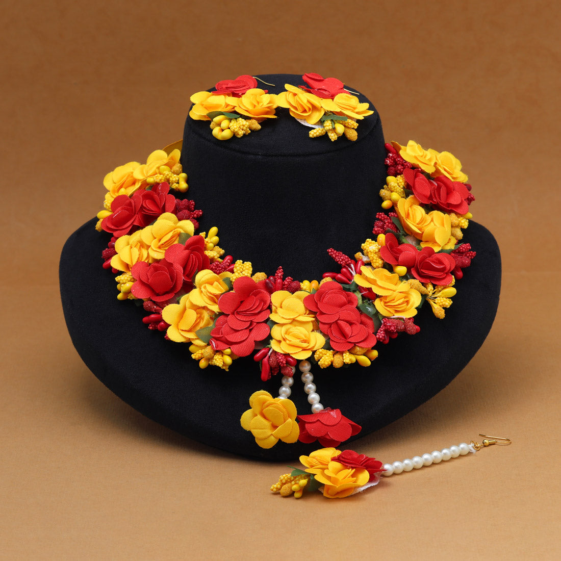 Red & Yellow Color Synthetic Rose Floral Bridal Set (TRN1780REDYLW) Jewellery GetGlit