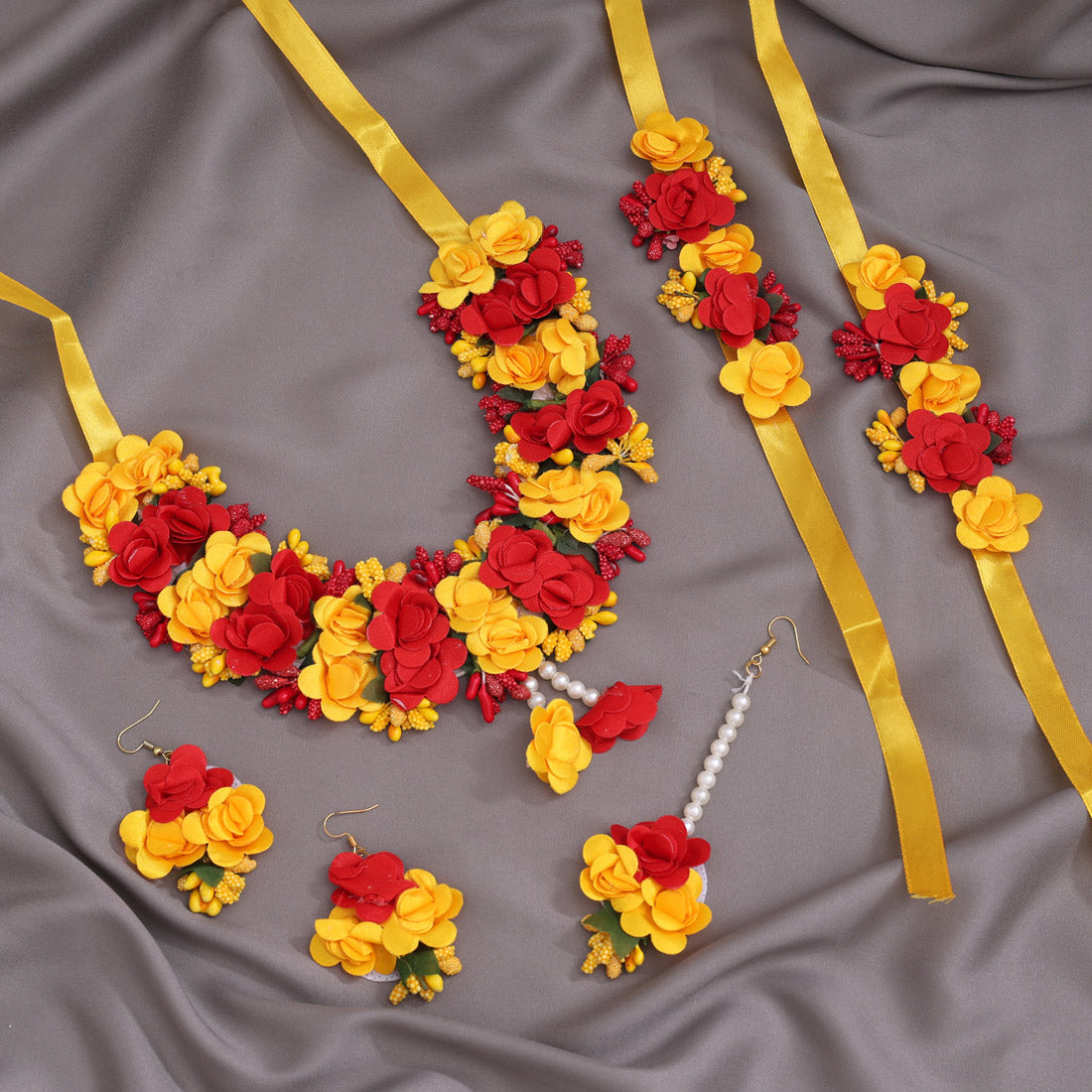Red & Yellow Color Synthetic Rose Floral Bridal Set (TRN1780REDYLW) Jewellery GetGlit