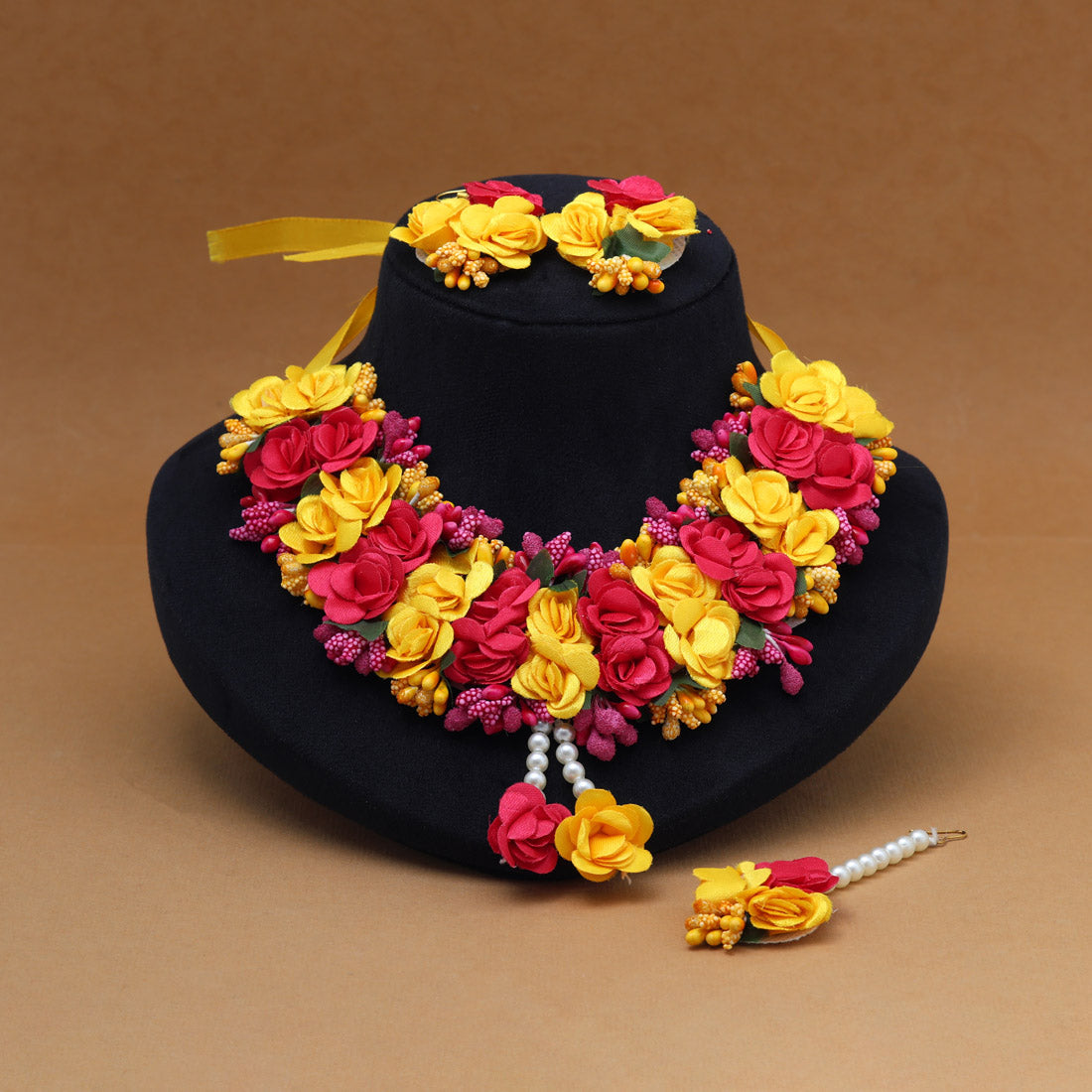 Rani & Yellow Color Synthetic Rose Floral Bridal Set (TRN1780RNIYLW) Jewellery GetGlit