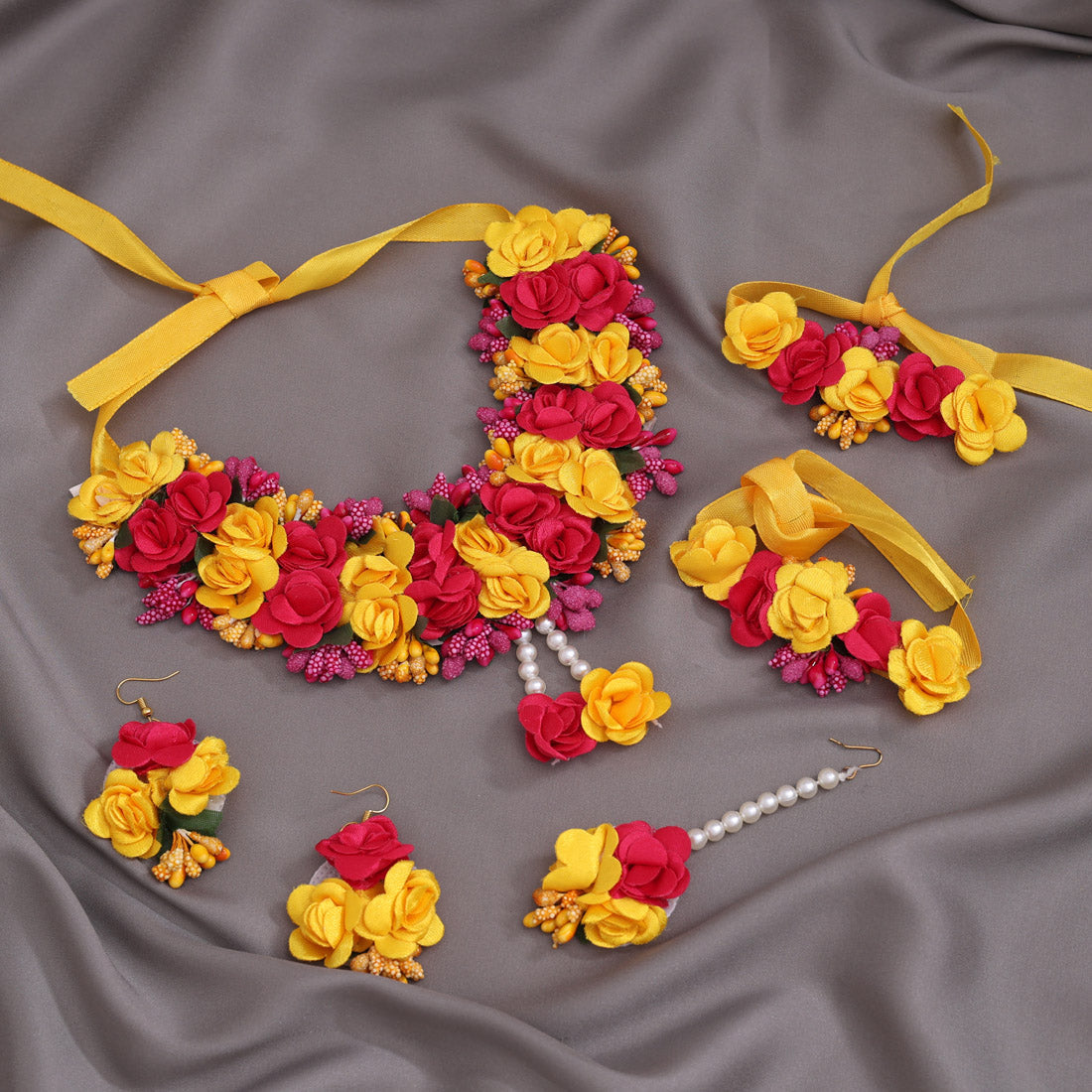 Rani & Yellow Color Synthetic Rose Floral Bridal Set (TRN1780RNIYLW) Jewellery GetGlit
