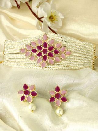 Karatcart Gold Plated Pearl Beaded Royal Pink and Baby Pink Kundan Stone Choker Necklace Set  Glitstudio   