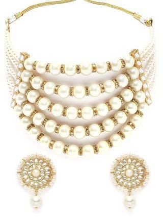 Karatcart Pearl Multilayer Beaded Kundan Choker Necklace Set for Women  Glitstudio   