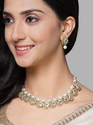 Karatcart Gold Plated Peacock Design Kundan and Pearl Choker Necklace Set for Women  glitstudio   