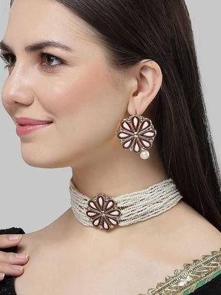 Karatcart Gold Plated Maroon Meena Floral Pearl Beaded Kundan Choker Necklace Set for Women  Glitstudio   