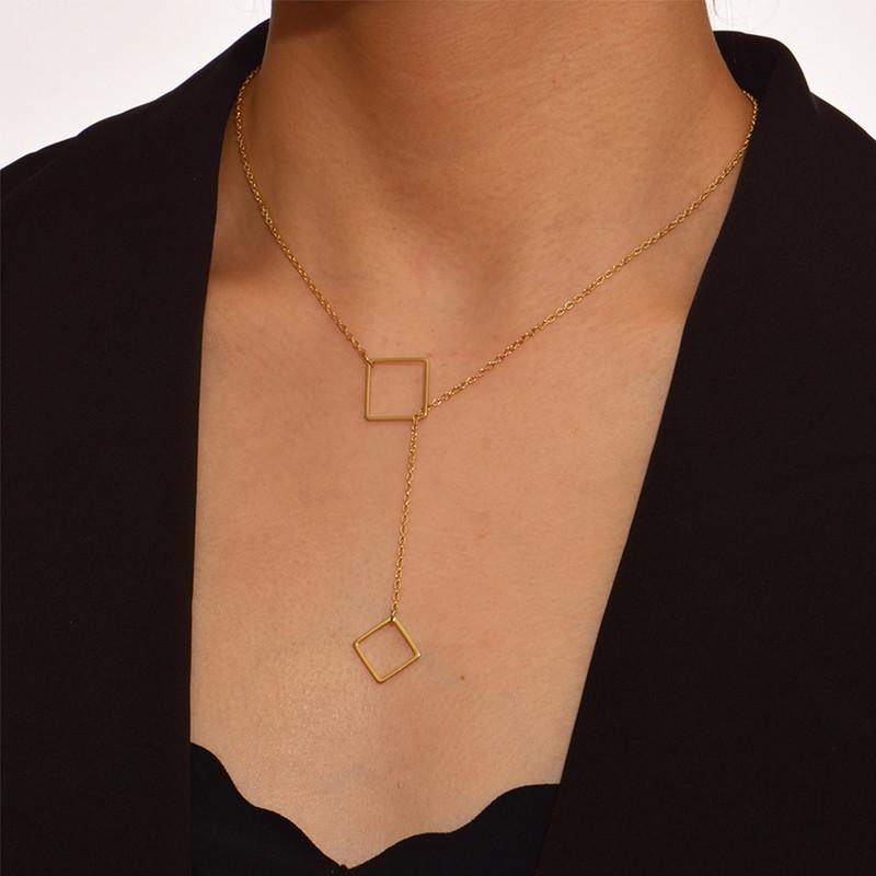 Gorgeous Gold Plated Square in Square Y-Shaped Pendant Necklace for Women and Girls  glitstudio   