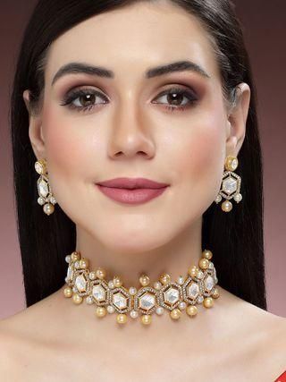 Karatcart Golden Pearl Studded Polki Kundan Choker Necklace Set for Women  glitstudio   