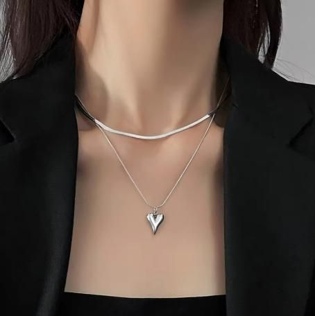 Double Layered Love Heart Pendant Necklace for Women Simple Neck Chain Jewelry glitstudio